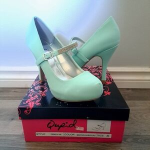 Qupid | menthol nubuck pu~ mint green high heel with rhinestone strap